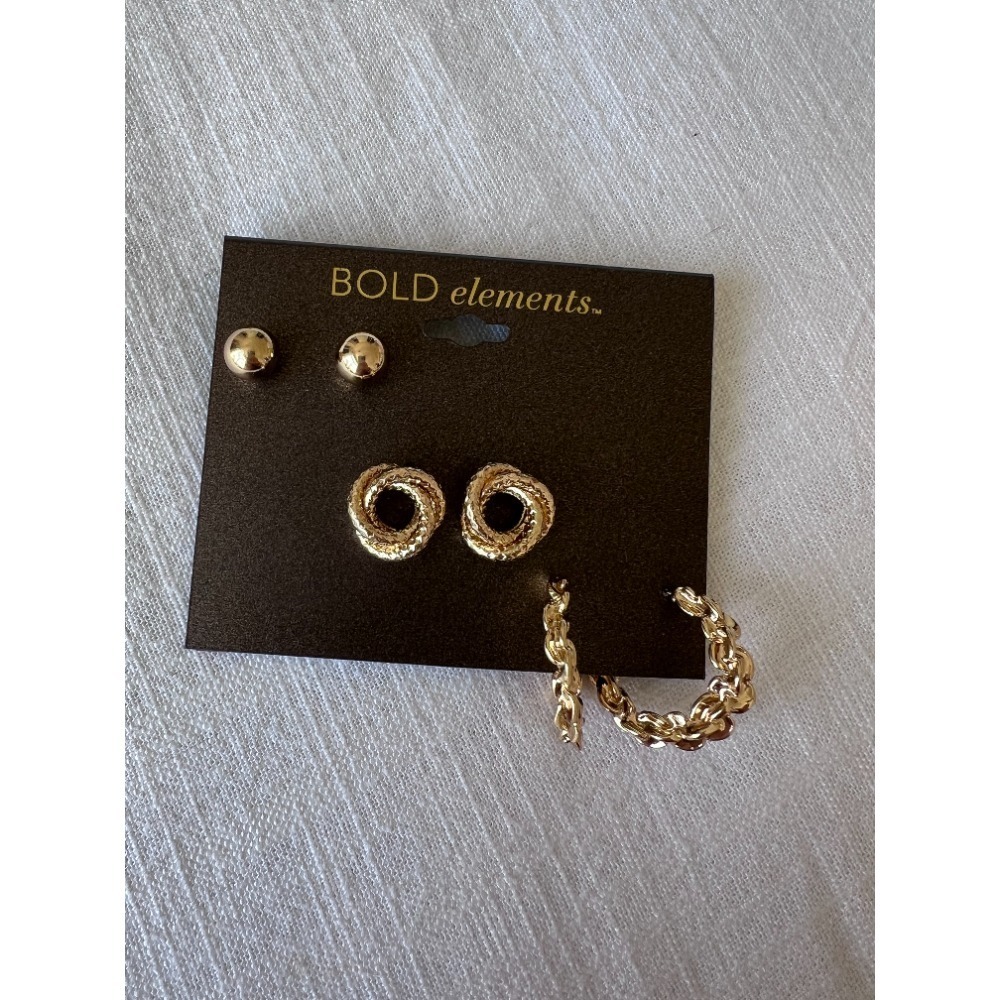 Bold Elements Goldtone Earring Set Studs Hoops Chain One Size‎
